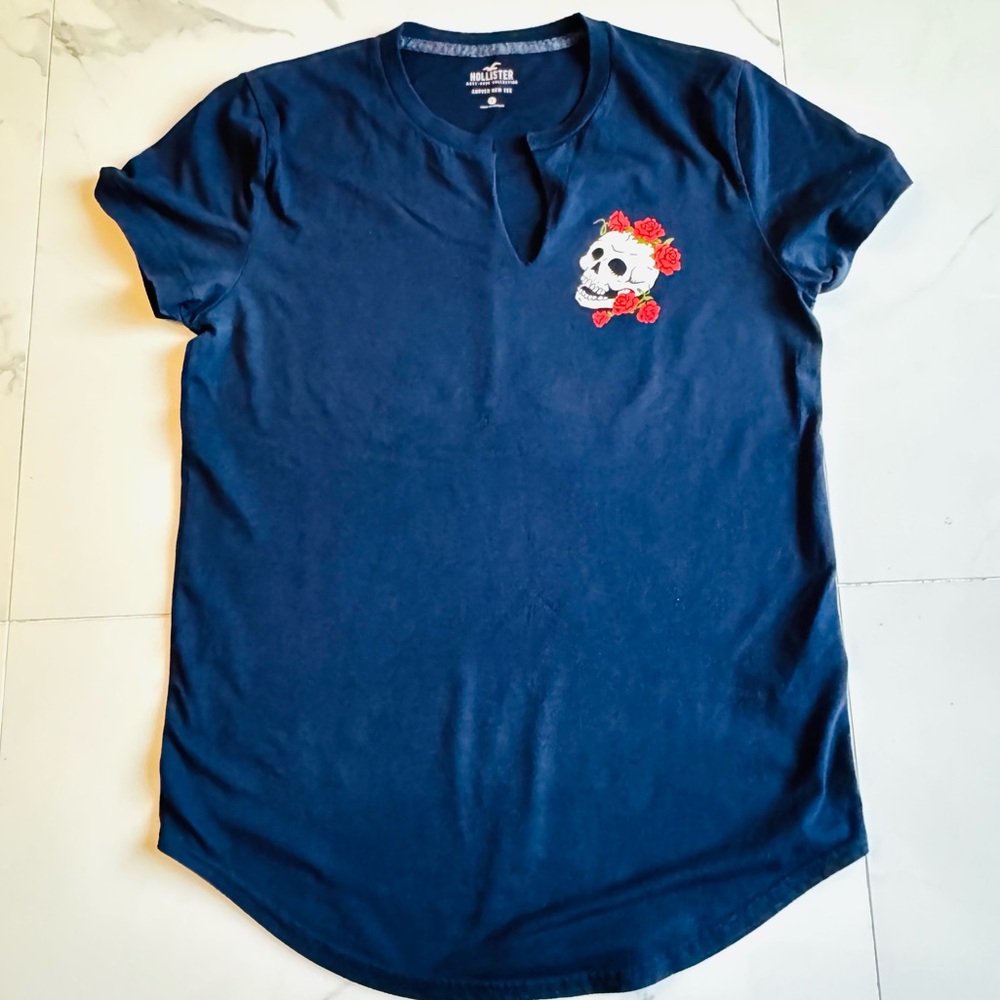 Hollister Navy Tee with Skull & Red Rose Embroidery